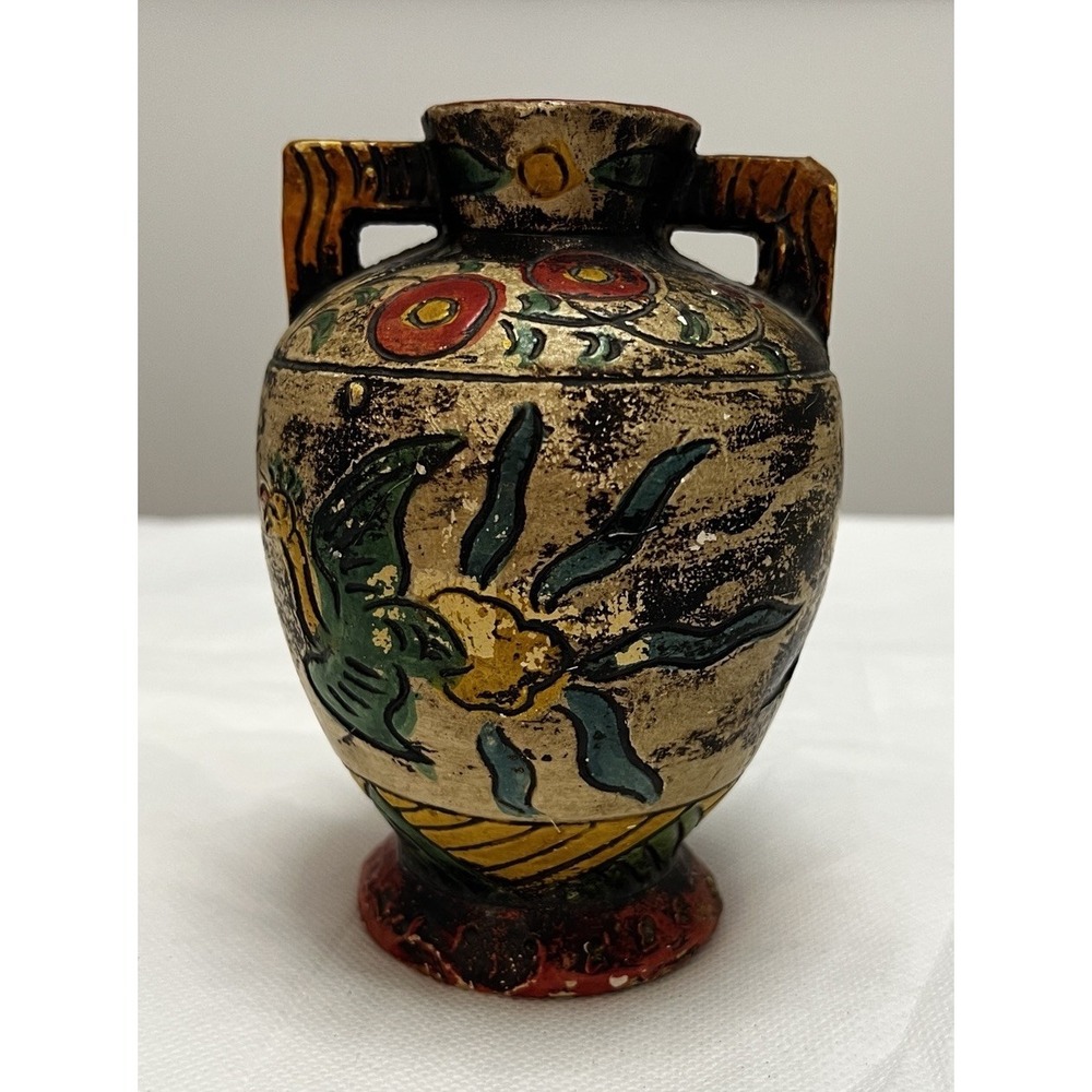 Vtg Japanese Wabi Sabi Floral Amphora Folk Art Decorative Vase Hand Painted '40s